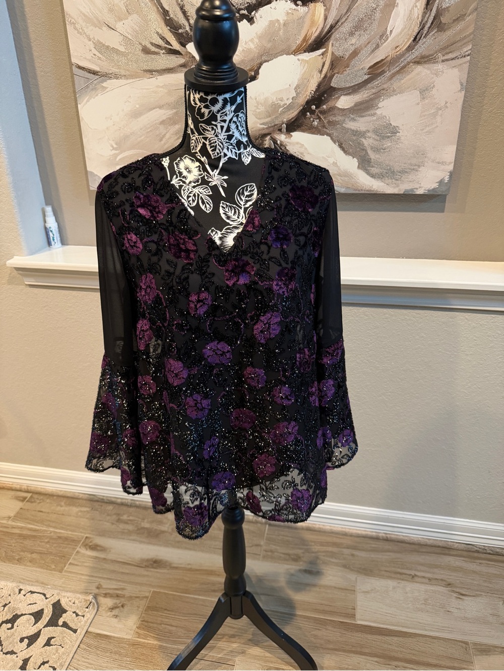 Women's Black Sheer V-Neck Top with Purple Floral Sequin Detail - Picture 1 of 3